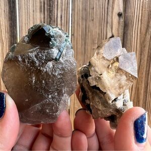 2 Piece Raw Smoky Quartz with Black and Blue Tourmaline Crystals.